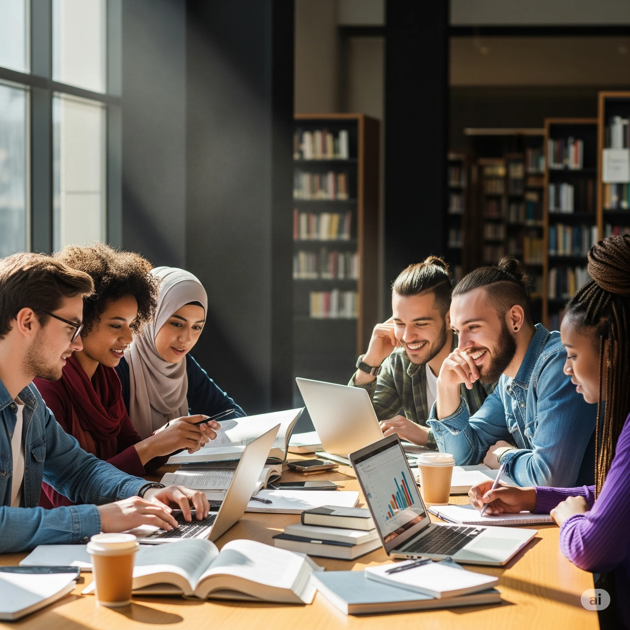Diverse students studying with laptops